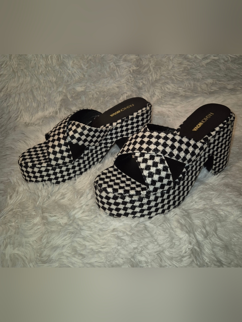 Fashion Nova Black & White Checkerboard Platform Heels